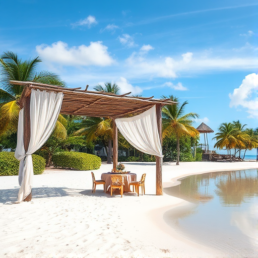 Create a picturesque tropical beach scene featuring a serene, white sandy shore. In the foreground, there's a rustic wooden canopy with white drapes gently flowing in the breeze. Underneath the canopy, a table is set with tropical decor, evoking a sense of relaxation and leisure. The beach extends into a calm, shallow water area with reflections of the sky and surroundings. Palm trees and lush greenery line the edge of the beach, providing a natural, tropical backdrop. The sky is clear with a few scattered clouds, and the overall atmosphere is tranquil and inviting, perfect for a peaceful retreat.