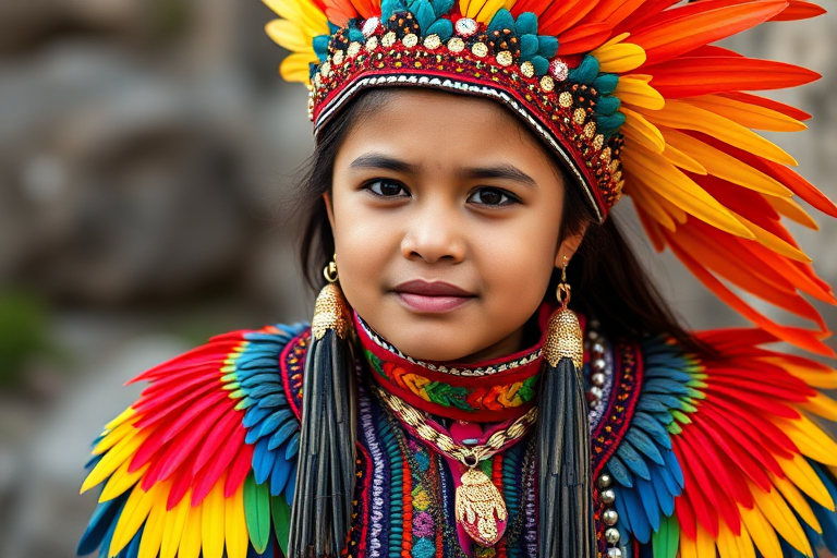 A beautiful Quechua girl, wearing colorful bird clothing with vibrant colors