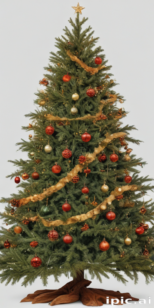 A Beautifully Decorated Christmas Tree with Ornaments and Golden Ribbon.