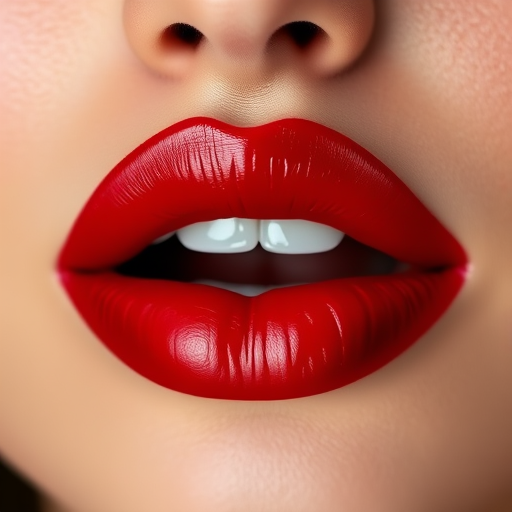 Luscious crimson pout adorned with glossy finish, plump and voluminous lips showcasing a deep red hue, perfectly shaped with subtle ombre effect, exuding sensuality and allure