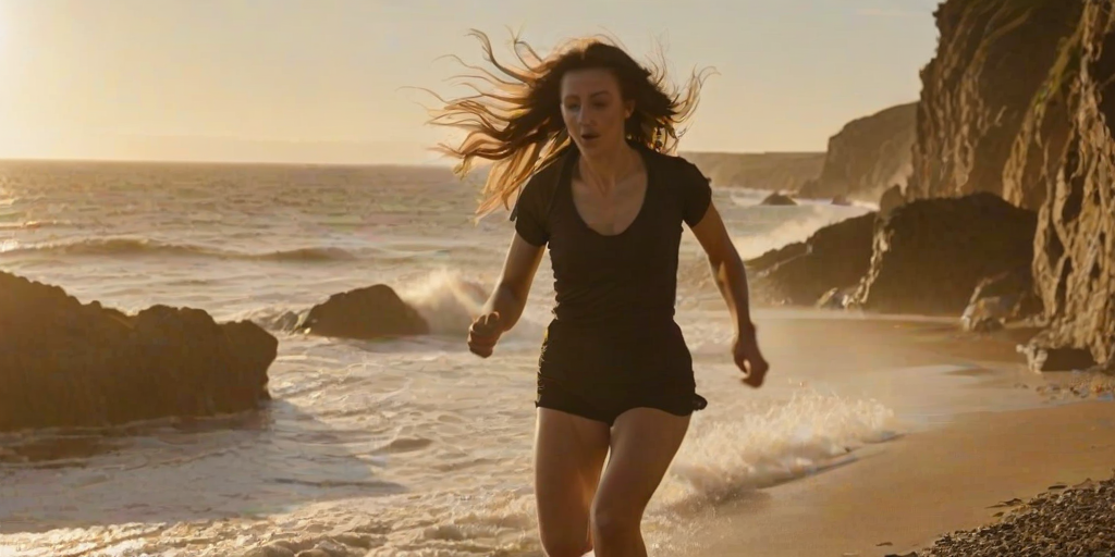 Blurry action shot of a woman sprinting along a coastal path at sunset, waves crashing against the rocks below, with soft golden light casting long shadows and wind whipping her hair back.