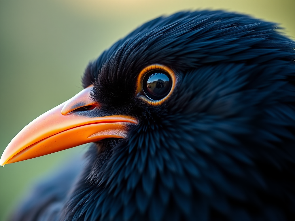 A highly detailed close-up of a black bird with a vibrant orange-yellow beak, sharp focus on the feathers and eye, soft gradient background, natural light, ISO 100, f/2.8, shutter speed 1/200s, DSLR camera, macro lens.