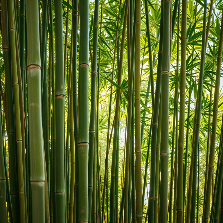Generate a detailed illustration of bamboo in a natural setting, use a DSLR camera at f/2.8 aperture, ISO 100, 50mm lens, natural light, high dynamic range editing.