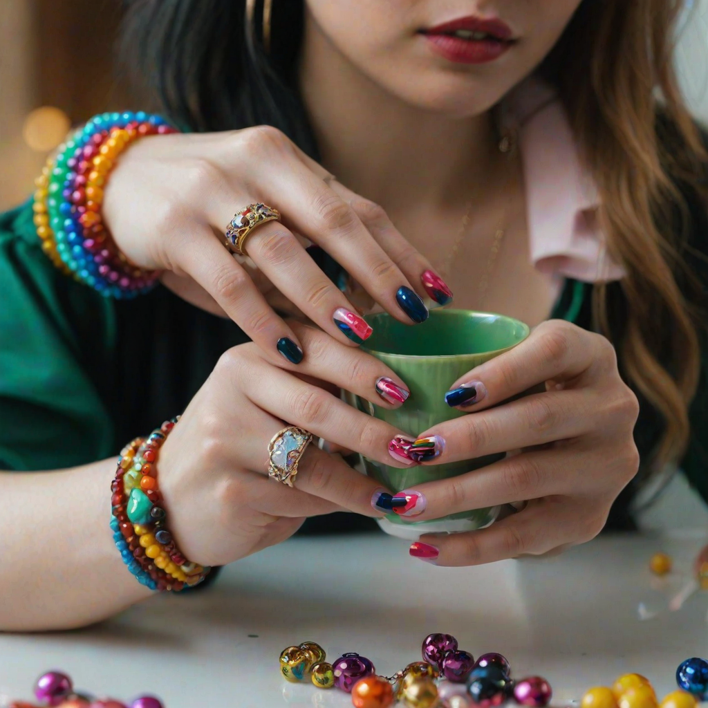 detailed edges, detailed image, perfection style, A cinematic detailed image of a woman with colorful nails holding a cup in front of camera, movie themed, sharp, detailed background, epic cinematic photography, artistic style, dramatic light style, cinematic color style, Kodak 35mm film style, detailed style, hand focus style, 1girl, solo, holding, jewelry, nail polish, blurry, bracelet, fingernails, depth of field, blurry background, red nails, close-up, blue nails, green nails, yellow nails, multicolored nails, nail art, pink nails, realistic, long sleeves, black shirt, beads, bead bracelet, photorealistic, hand focus