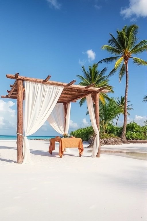 Create a picturesque tropical beach scene featuring a serene, white sandy shore. In the foreground, there's a rustic wooden canopy with white drapes gently flowing in the breeze. Underneath the canopy, a table is set with tropical decor, evoking a sense of relaxation and leisure. The beach extends into a calm, shallow water area with reflections of the sky and surroundings. Palm trees and lush greenery line the edge of the beach, providing a natural, tropical backdrop. The sky is clear with a few scattered clouds, and the overall atmosphere is tranquil and inviting, perfect for a peaceful retreat.