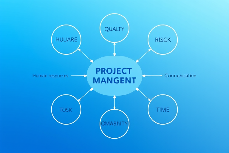 Create a visually appealing graphic illustrating project management concepts with interconnected nodes labeled human resources, scope, quality, cost, time, risk, communication, and procurement, using a smooth gradient background in shades of blue, high-resolution 300 DPI, shot with a Canon EOS R5, f/2.8, 24mm lens, in a clean and modern style.