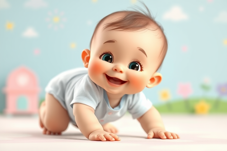 Create an image of a cute, smiling cartoon baby crawling on all fours, with soft pastel colors and a whimsical background, using a 50mm lens, f/2.8 aperture, ISO 100, and a shallow depth of field for a soft focus effect, captured in a brightly lit studio setting.