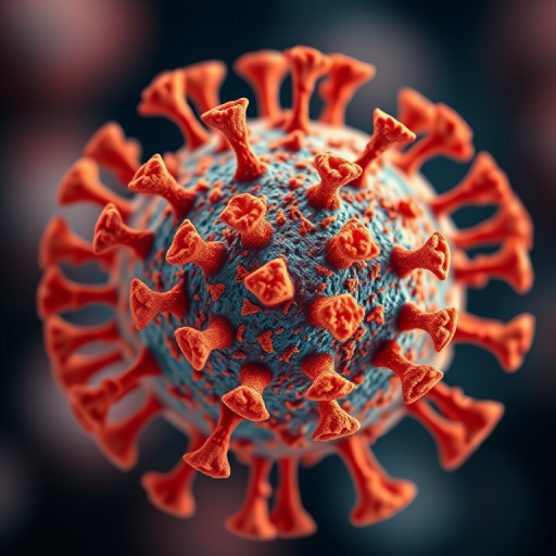 highly detailed close-up of a virus structure, vibrant orange and blue colors, macro lens, f/2.8 aperture, 100mm lens, ISO 200, soft focus background, professional DSLR camera
