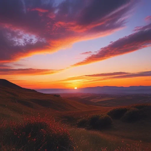 Stunning Sunset Over Rolling Hills with Vibrant Colors in the Sky