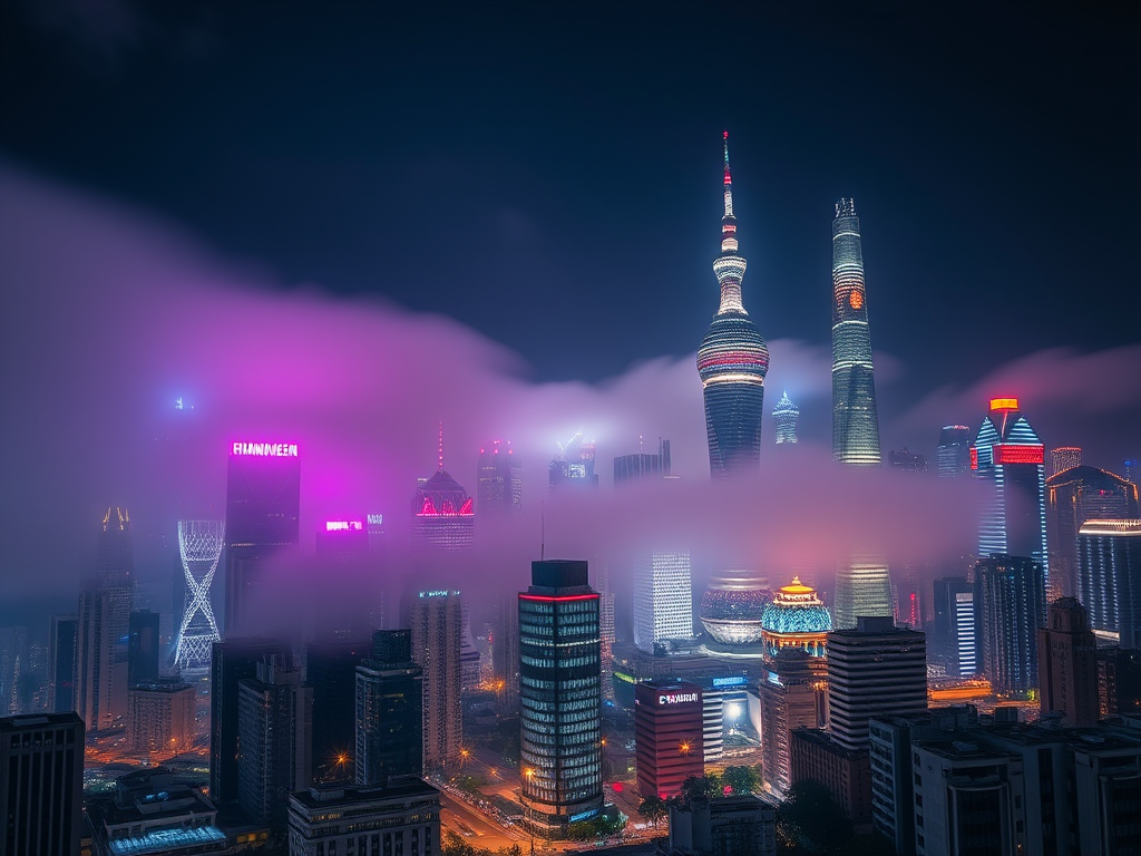 Capture a nighttime cityscape of Shanghai with fog rolling over illuminated skyscrapers, use a DSLR camera with a 24mm lens at f/8, ISO 200, shutter speed 15 seconds, from a low-angle perspective to enhance depth, using a tripod for stability.