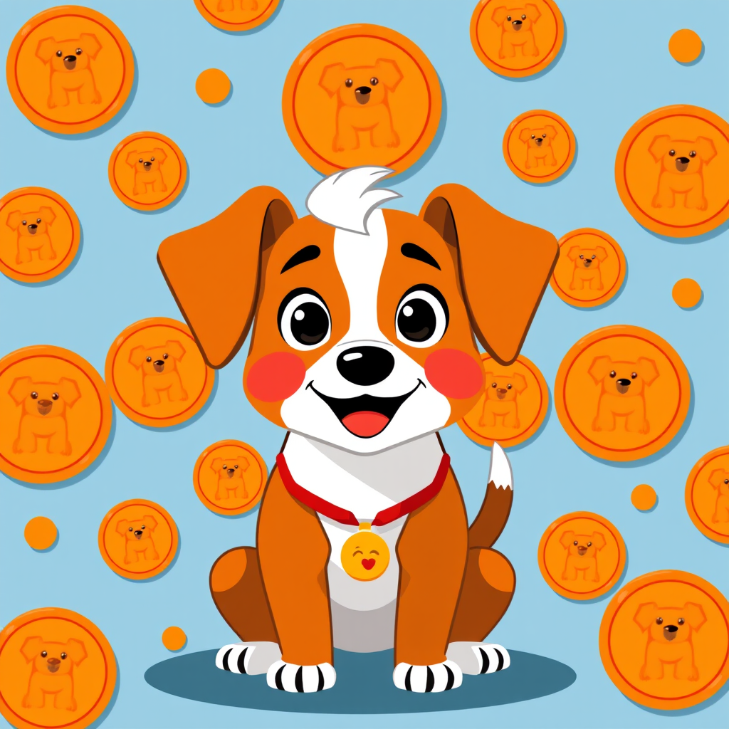 Create a vibrant illustration of a cheerful dog character surrounded by orange circular tokens featuring the same dog design, using a flat design style and high contrast colors, with a DSLR camera settings of f/2.8 aperture and 50mm lens, capturing a frontal view to enhance detail and clarity.