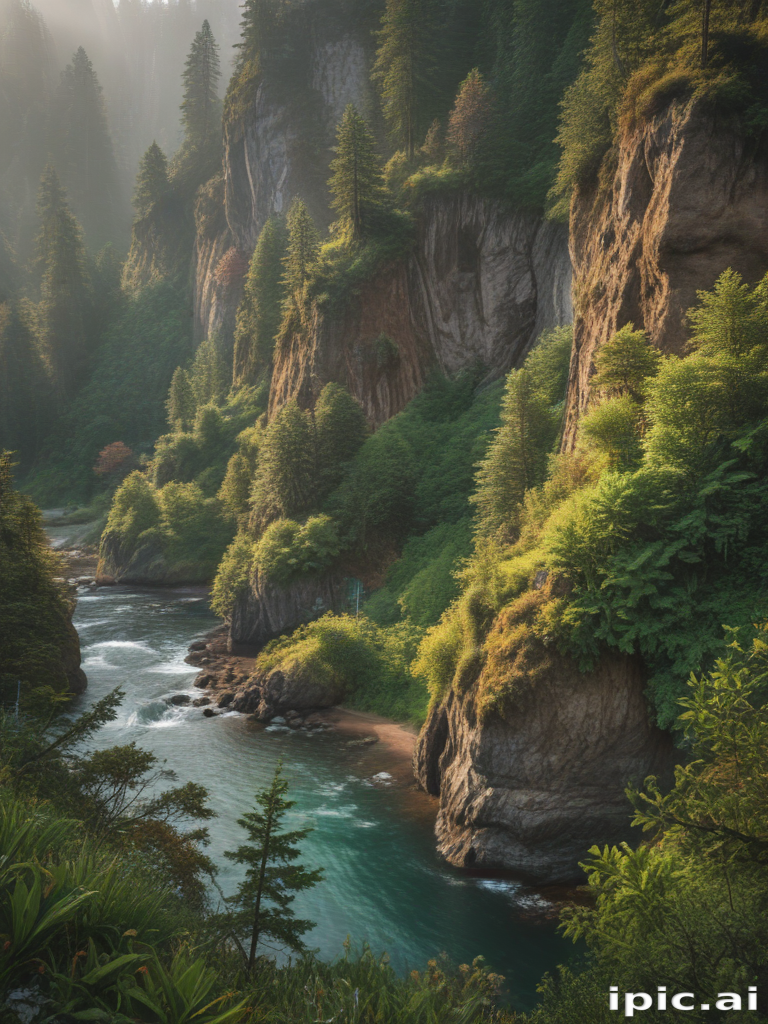 Serene River Flowing Through Lush Green Cliffs in a Misty Landscape