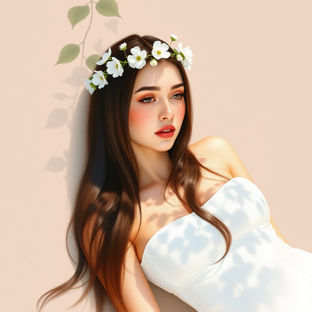create a watercolor painting of an ethereal portrait of beautiful Tajik woman with a simple white flower crown on her head. Her hair is long and she is lying on the ground. The sunlight on the trees casts shadows from the leaves on her face and body. The background is a neutral brown color that matches her skin tone. The image is minimalist and solid colors. This style is characterized by soft, delicate brushstrokes and a light, airy, contrasting color palette. High level of detail and play of light