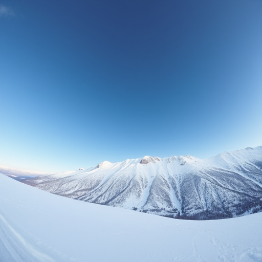 Wide-angle shot of a snowy mountain landscape under a clear blue sky, ISO 100, f/8, 1/250s, 16mm lens, taken with a DSLR camera.