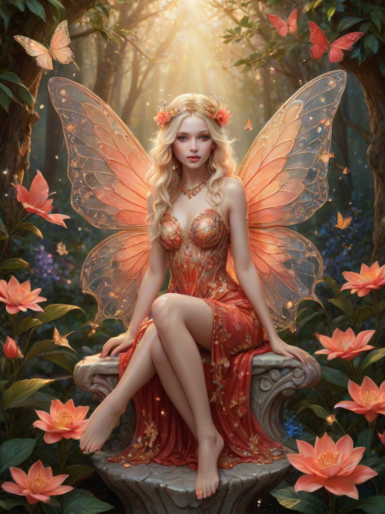 A digital artwork features a winged fairy with delicate Coral butterfly wings, adorned with intricate Spruce andPeriwinkle patterns. She is seated on a vibrant Pearl flower, wearing a revealing red two-piece outfit with sparkling beadwork. Her fair skin, long blonde hair, and gold jewelry add to her ethereal appearance. The background is a warm, golden gradient, creating a magical atmosphere. Small glowing orbs and sparkles surround the flower, enhancing the enchanting, highly detailed, and realistic scene.