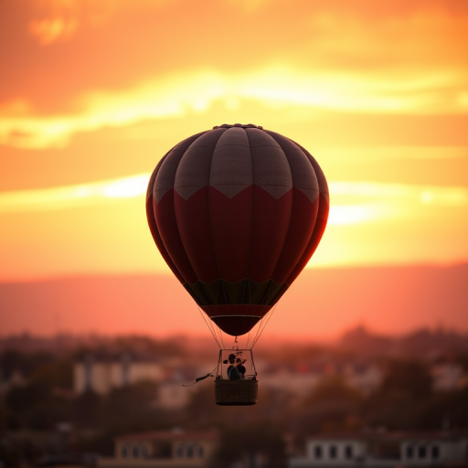 Create an image of a vintage hot air balloon with a textured maroon fabric, set against a vibrant sunset background, captured with a DSLR camera at f/8 aperture, 50mm lens, ISO 100, shallow depth of field for a soft blurred background, and a slight upward angle to emphasize the balloon's height.