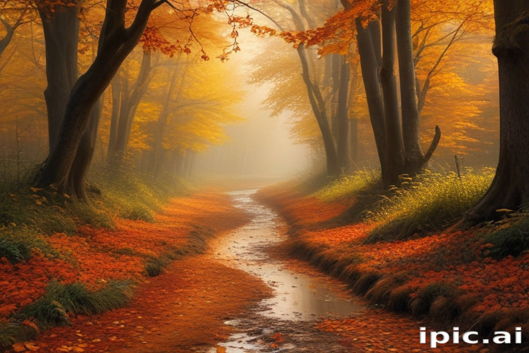 Serene Autumn Landscape with Golden Leaves and a Gentle Stream