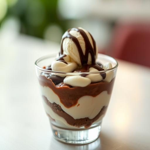 Dessert in a glass bowl with layers of cream, chocolate, and a scoop of ice cream on top, shallow depth of field, soft bokeh background, shot with a Canon EOS R5, 50mm f/1.2 lens, ISO 100, f/2.8, 1/200s, natural lighting.