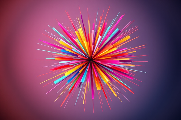 Create a vibrant abstract image of a colorful starburst explosion with a smooth gradient background, using a DSLR camera with a 50mm f/1.8 lens, ISO 100, aperture set to f/8, and a focal length of 50mm, taken from a frontal view to capture depth and clarity.