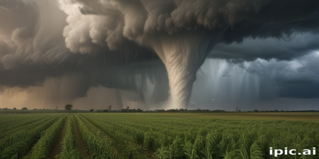 Powerful Tornado Touches Down Over Fields Under Dark Stormy Skies