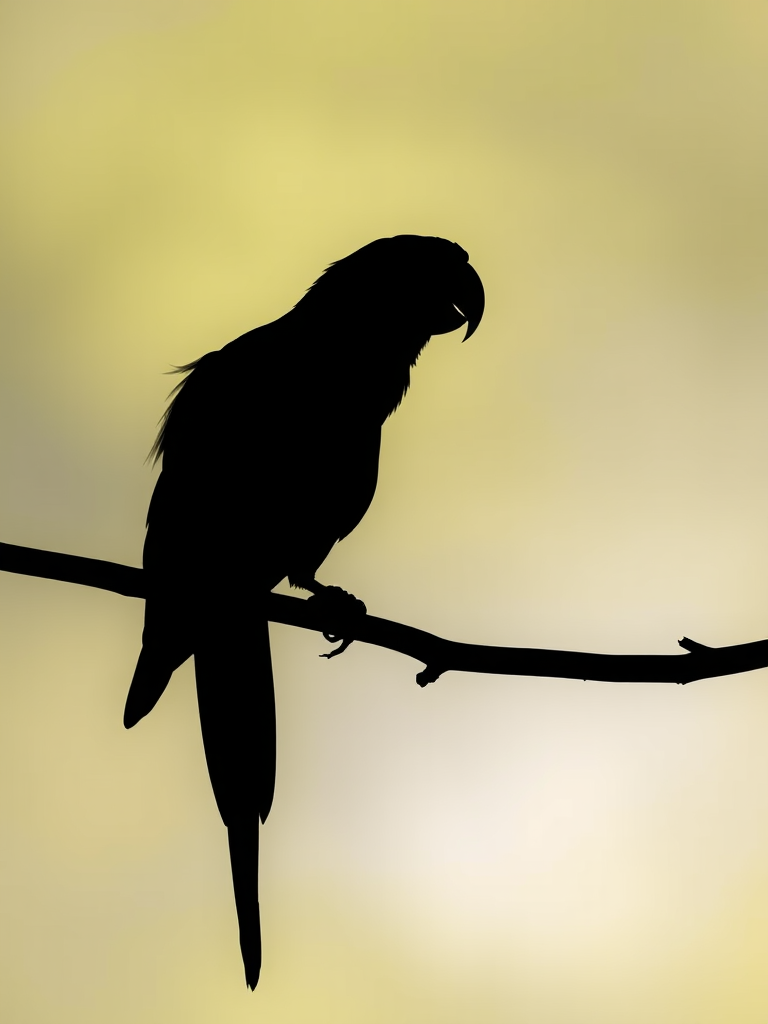Create a high-resolution silhouette of a parrot perched on a branch, with a soft gradient background, using a DSLR camera, 50mm lens, f/2.8 aperture, ISO 100, in natural light, capturing a sharp focus on the parrot while blurring the background.