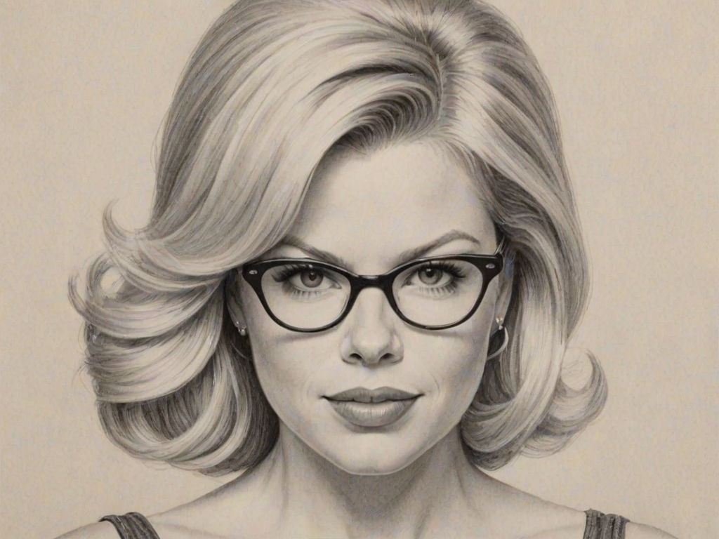 Wonderful Megan Hilty, pencil sketch, portrait of Enticing woman 1963s in glasses, hair style beatnik, outline, clear lines, fine lines, 8k