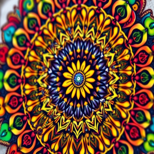 Generate an image of a detailed and intricate mandala design with vibrant colors and symmetrical patterns, captured with a DSLR camera at f/8 aperture, 1/125 shutter speed, 50mm lens, in natural light from a slightly elevated angle, with a focus on enhancing color saturation and sharpness.