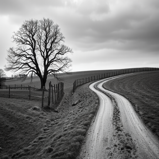a winding dirt path leading through a rural landscape with a large, bare tree near a wooden fence, captured in black and white with a moody atmosphere