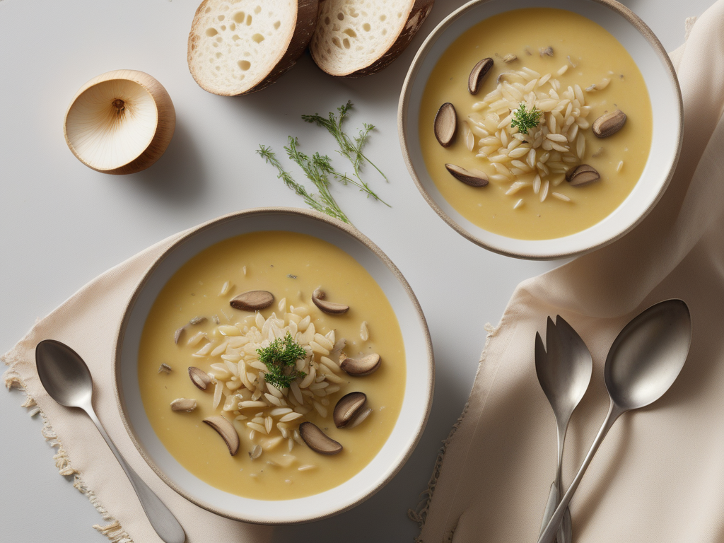 golden mushroom soup with buttered orzo
