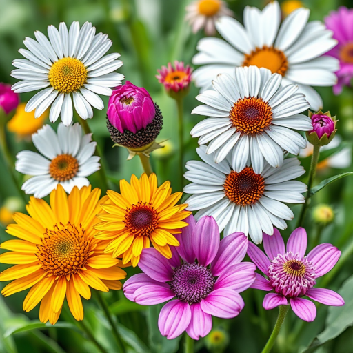 Create a high-resolution line art image featuring six varieties of flowers in a grid layout, captured with a DSLR camera at f/8 aperture, 1/125s shutter speed, ISO 100, with a macro lens to emphasize details and ensure sharpness throughout the composition.