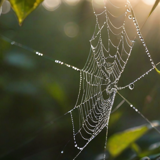 Sharp close-up of a dew-covered spiderweb glistening in the early morning light, with tiny droplets catching the soft sunlight, and blurred foliage in the background.