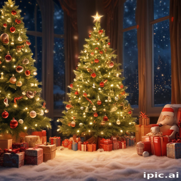 Cozy Christmas Scene with Beautifully Decorated Trees and Gifts Galore
