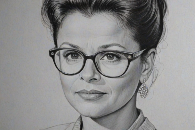 Pleasing Tracey Ullman, pencil sketch, portrait of Wonderful woman 1956s in glasses, hair style beatnik, outline, clear lines, fine lines, 8k