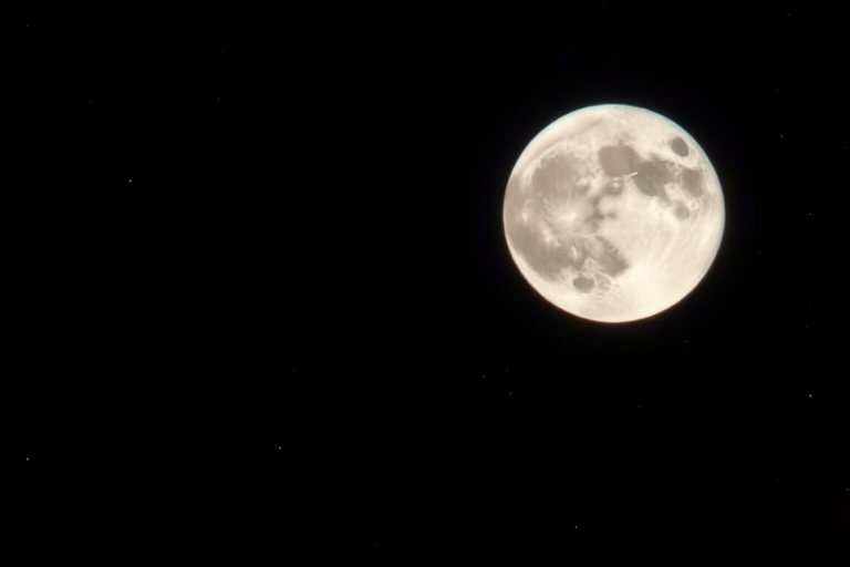 Capture a high-resolution image of the moon against a deep black sky with stars, using a 300mm telephoto lens, f/8 aperture, ISO 100, and a shutter speed of 1/250 seconds, in a DSLR format for enhanced clarity and detail.