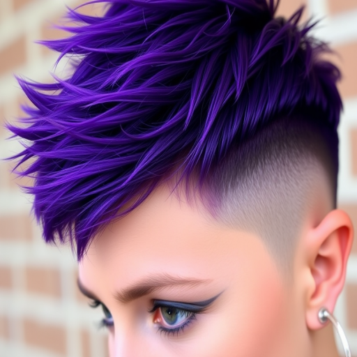 Bold close-up features Vibrant Violet pixie cut, rich purple hue with darker plum lowlights, styled in a textured and spiky fashion with shaved sides