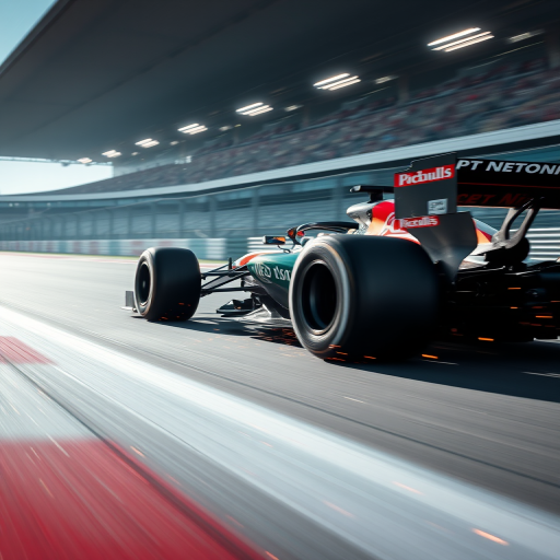 Capture a high-speed Formula 1 car in motion on a racetrack with a shallow depth of field, using a Canon EOS R5, 50mm lens, f/2.8 aperture, 1/1000 sec shutter speed, ISO 200, from a low angle perspective, emphasizing motion blur of the car and sparks flying for dynamic effect.