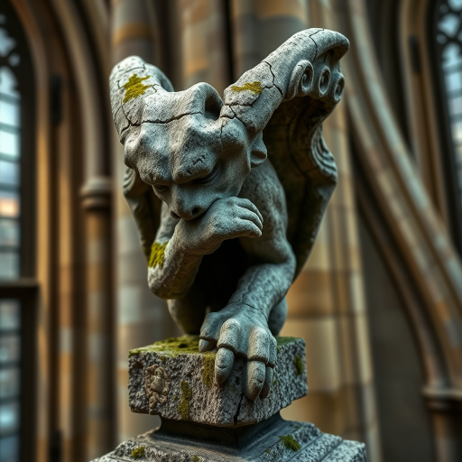create an ultra-realistic and very detailed photograph of a very old stone gargoyle in a cathedral. the stone is a little worn, with some broken parts. cracks. moss. the background is a blurred image of the city. It includes shadows and contrasts to make the image more realistic