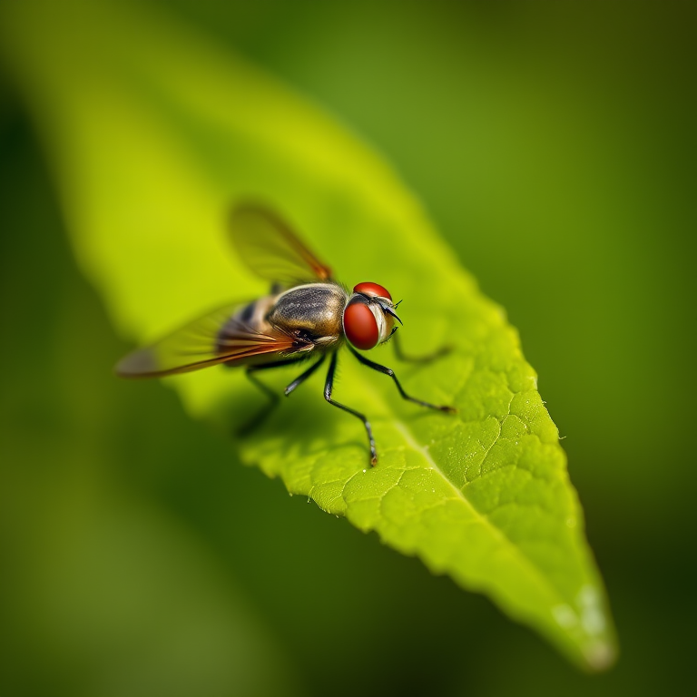 macro shot of a hoverfly on a green leaf with a blurred background, aperture f/16, shutter speed 1/200s, ISO 100, 100mm macro lens, natural light
