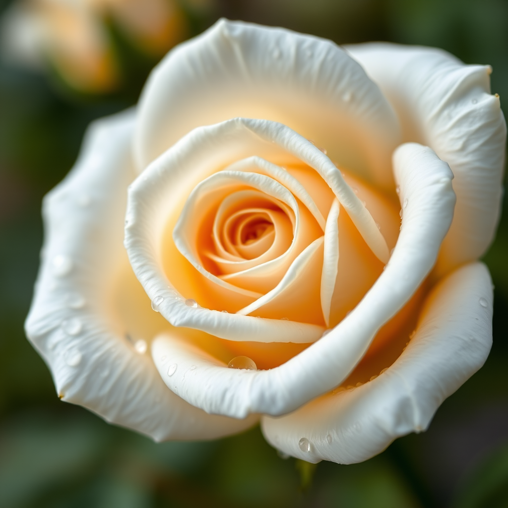 macro shot of a white rose with water droplets on petals, 100mm f/2.8 lens, ISO 100, aperture priority mode, natural light, shallow depth of field, DSLR camera