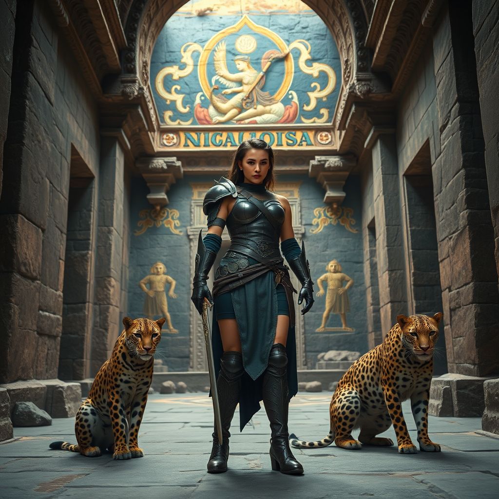 A female warrior in dark armor stands confidently in a mystical, ancient stone chamber with vibrant murals and two leopards by her side, taken with a DSLR camera at f/2.8, ISO 100, 24mm focal length, using a wide-angle lens to capture the grandeur of the architecture and enhance the depth of field.