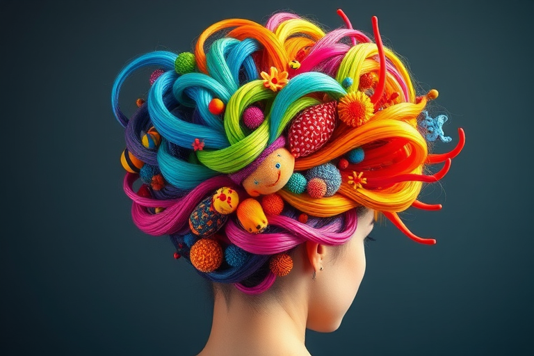 Vivid rainbow hair arranged in a high sculptural updo, resembling a fantastic coral reef teeming with colorful marine life, showcasing an explosion of creativity and artistry.