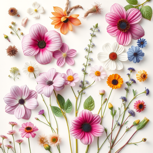 Create a detailed botanical illustration featuring various flowers and plants arranged in a vertical format, with soft natural lighting, macro lens, f/2.8 aperture for a shallow depth of field, shot from an overhead perspective, using a DSLR camera to enhance image quality.