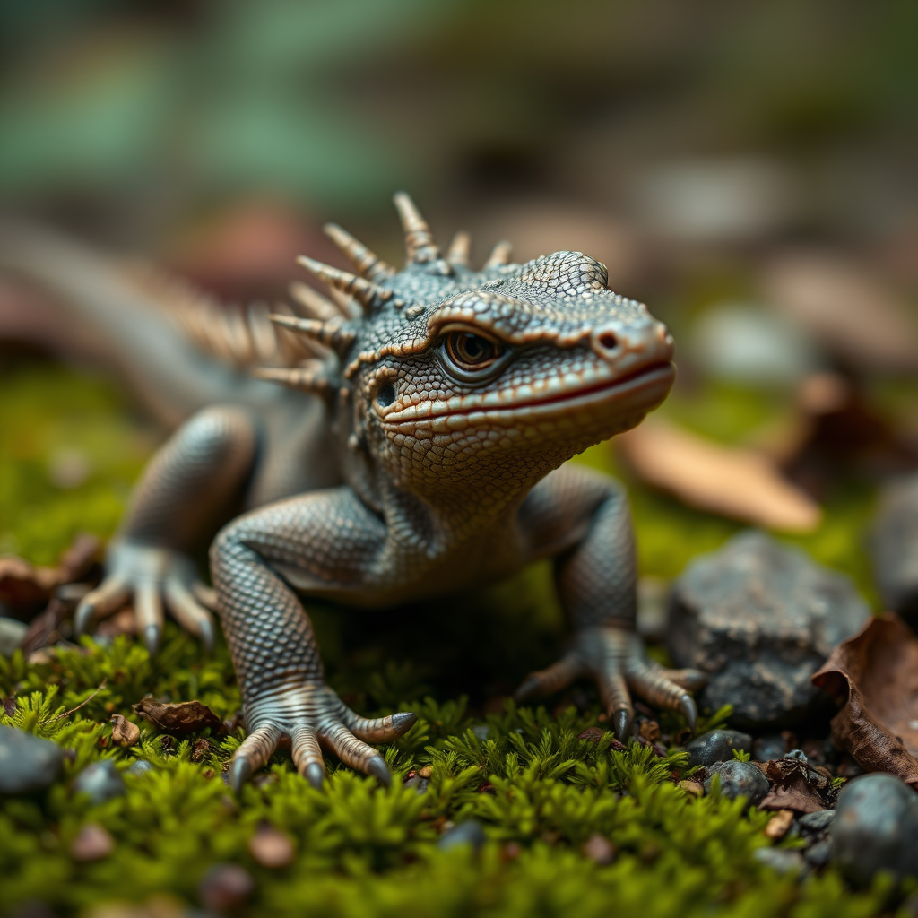 A detailed close-up of a fantasy lizard creature with textured skin and spines, sitting on moss-covered ground surrounded by leaves and small rocks, captured with a DSLR camera using a 50mm lens, aperture f/2.8, ISO 100, natural lighting, shallow depth of field, emphasizing vivid colors and intricate details.