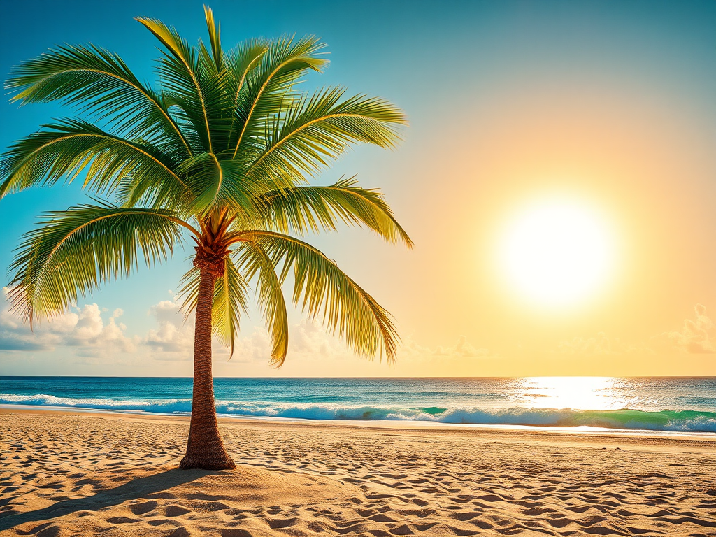 create a vibrant tropical scene featuring two palm trees on a sandy beach with a large sun setting in the background, use a DSLR camera with a 35mm lens, aperture set to f/8, ISO 100, and a sunny day setting for enhanced color saturation and sharpness.