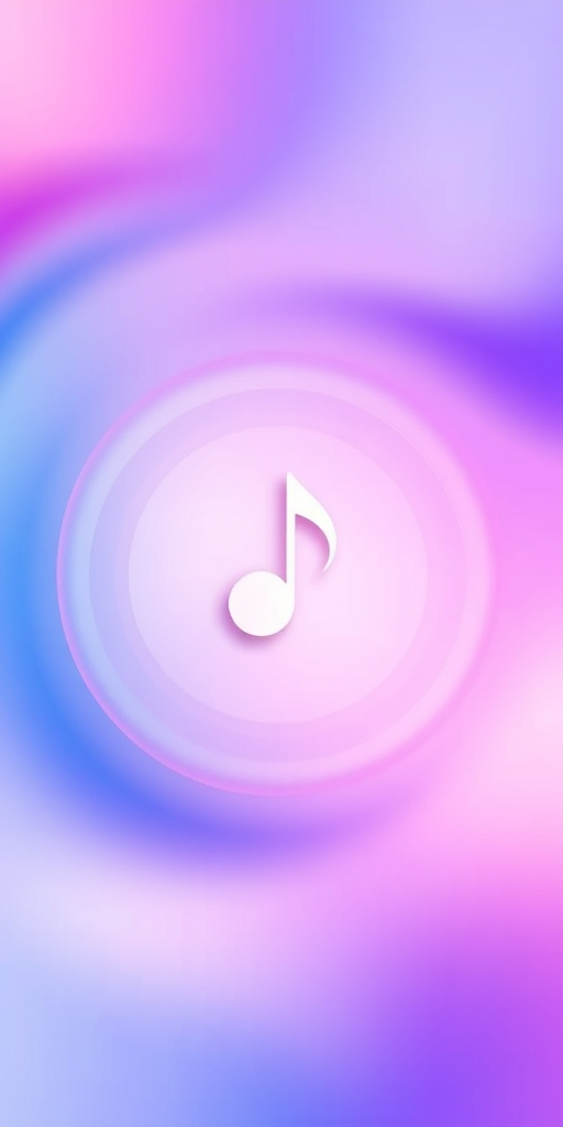 Create a vibrant abstract background featuring a musical note in the center, with circular waves radiating outwards, using soft gradients of blue, pink, and purple, captured with a digital camera at f/4 aperture, ISO 100, 1/100 second shutter speed, shot from a top-down perspective, with a modern minimalist style.