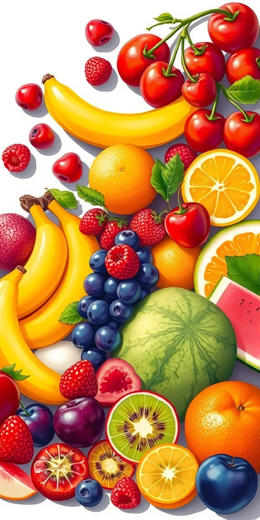 Create a vibrant illustration of various fruits including bananas, oranges, cherries, strawberries, grapes, apples, raspberries, watermelon, kiwis, and plums, with a bright, cheerful color palette, using a digital painting style, captured in high resolution with a 50mm lens, f/2.8 aperture, and natural lighting to enhance details and contrast.