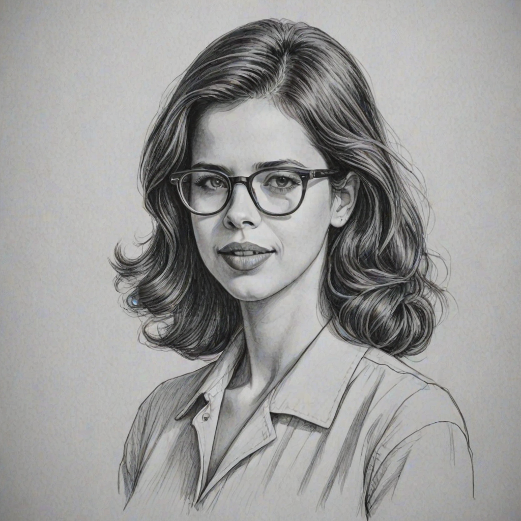 Dazzling Kalki Koechlin, pencil sketch, portrait of Attractive woman 1950s in glasses, hair style beatnik, outline, clear lines, fine lines, 8k