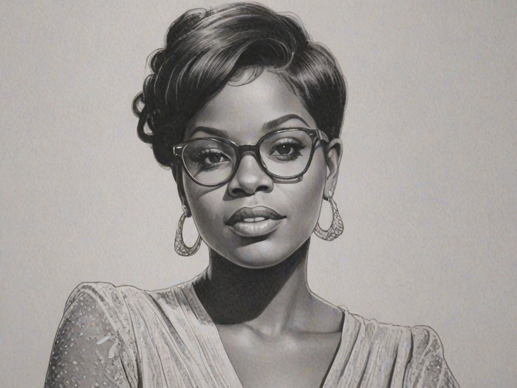 Dazzling Fantasia Barrino, pencil sketch, portrait of Elegant woman 1976s in glasses, hair style beatnik, outline, clear lines, fine lines, 8k