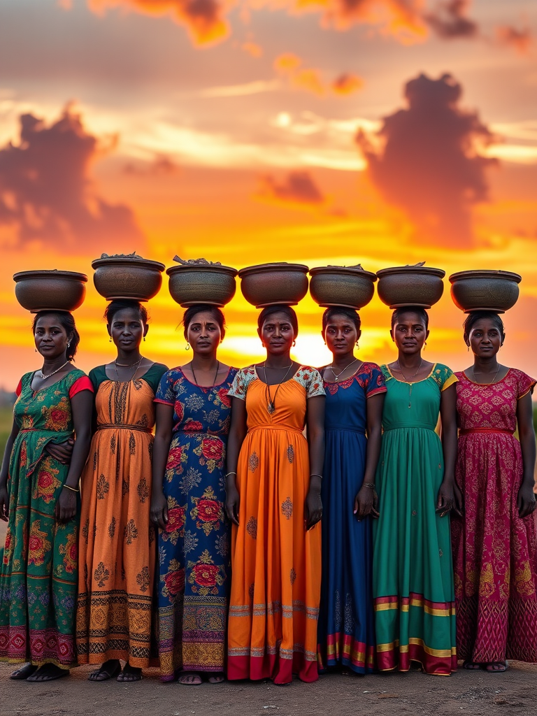Generate an image of six women in colorful dresses standing in a row, each carrying a pot on their heads, set against a vibrant sunset background with clouds; use a Canon EOS R5 camera, 50mm lens, f/1.8 aperture, ISO 100, and a wide-angle view to capture the rich colors and details.