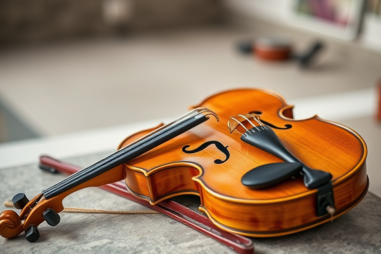 Create a high-resolution image of a wooden violin resting on a surface with a bow beside it, using a DSLR camera at f/2.8 aperture, ISO 200, 35mm focal length, in a natural light setting, with a focus on texture and detail to enhance the overall quality.